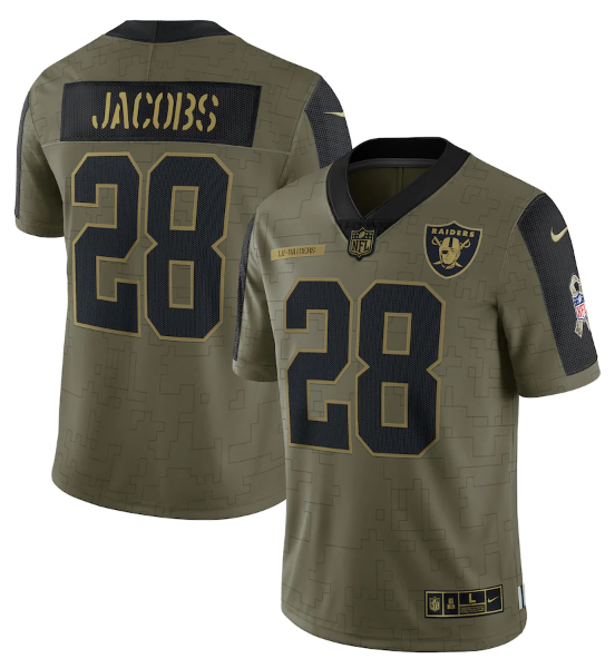 Men's Las Vegas Raiders #28 Josh Jacobs 2021 Olive Salute To Service Limited Stitched Jersey